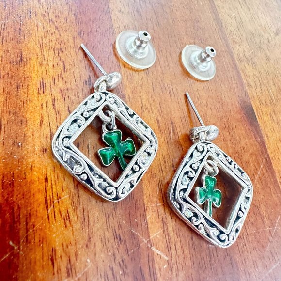 Vintage 80's Shamrock Earrings Handmade Dangle Posts St Patrick's Day Pa… - Picture 6 of 12